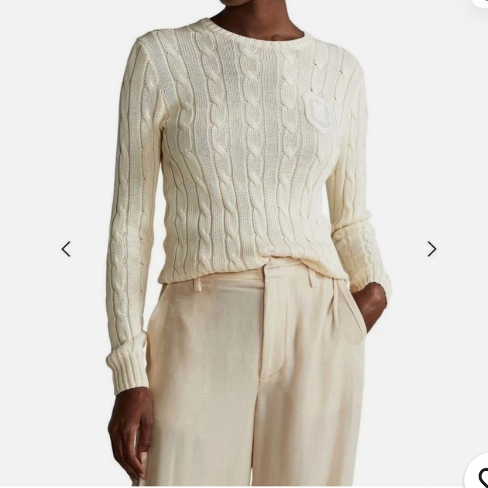 Pima Cotton Polo by Ralph Lauren Cream Cable Knit Crew Neck Sweater